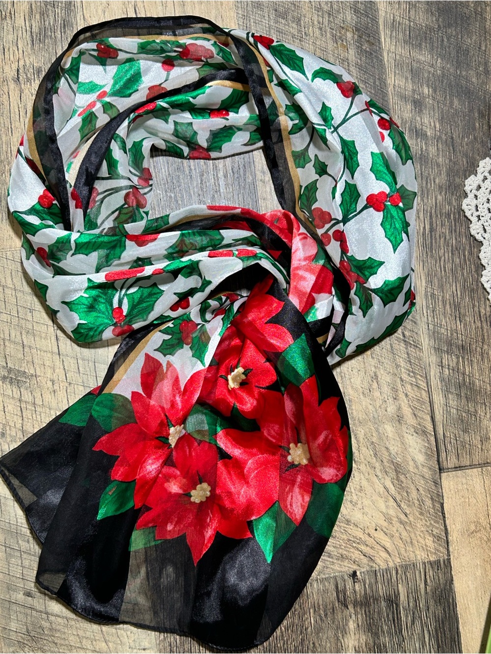 Christmas Poinsettia Holly Scarf Red Green Black Holiday 60”
